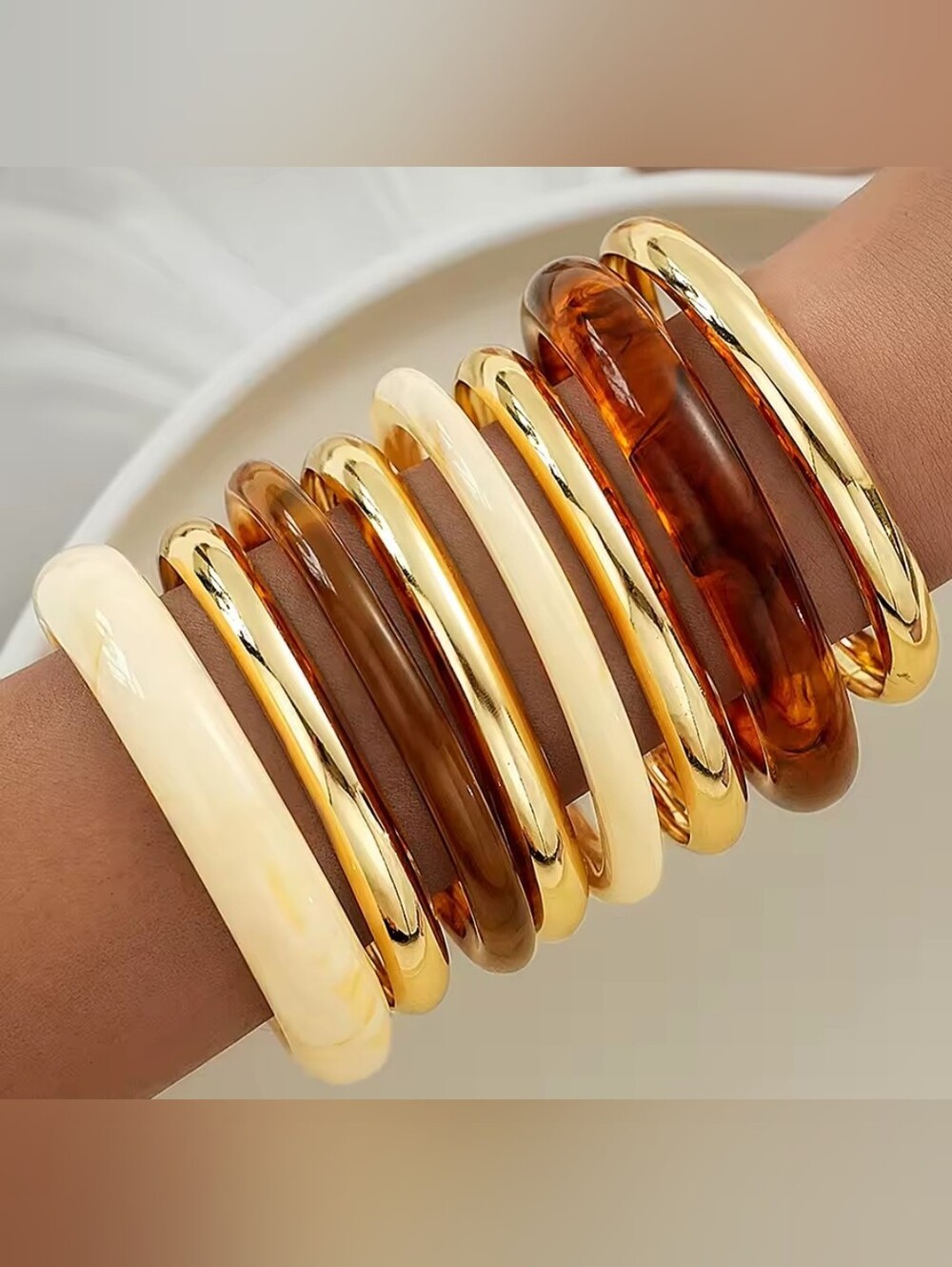Anthropologie Gold, Cream & Brown Stackable Bangle Set